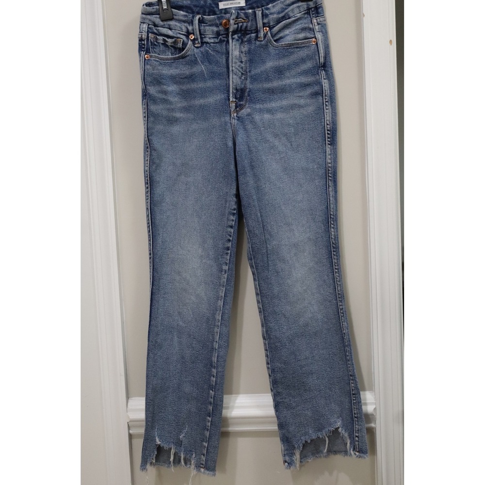 Good American Good Curve Straight Leg Jeans Blue Chewed Hem Size 8 29